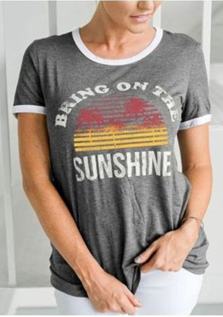 New Women's T-Shirt Bring On The Sunshine Letter Print Top Tees O Neck Short Sleeve Casual T Shirt