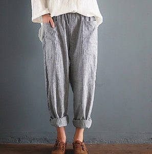 Pockets Loose Striped Cotton Linen Long Harem Pants Women Elastic Waist Casual Cargo Pantalon Overalls Trousers Plus Size Casual
