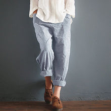 Load image into Gallery viewer, Pockets Loose Striped Cotton Linen Long Harem Pants Women Elastic Waist Casual Cargo Pantalon Overalls Trousers Plus Size Casual
